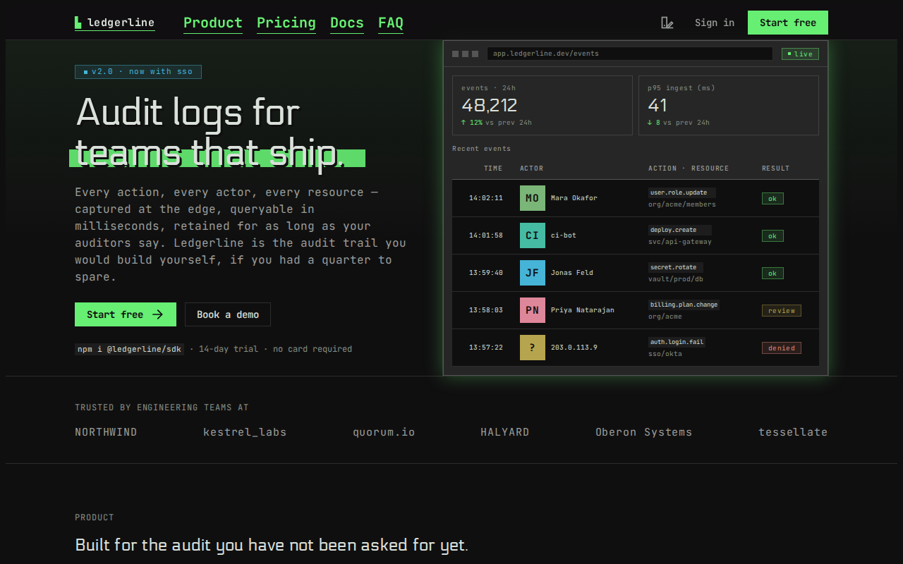 Screenshot of the product landing example
