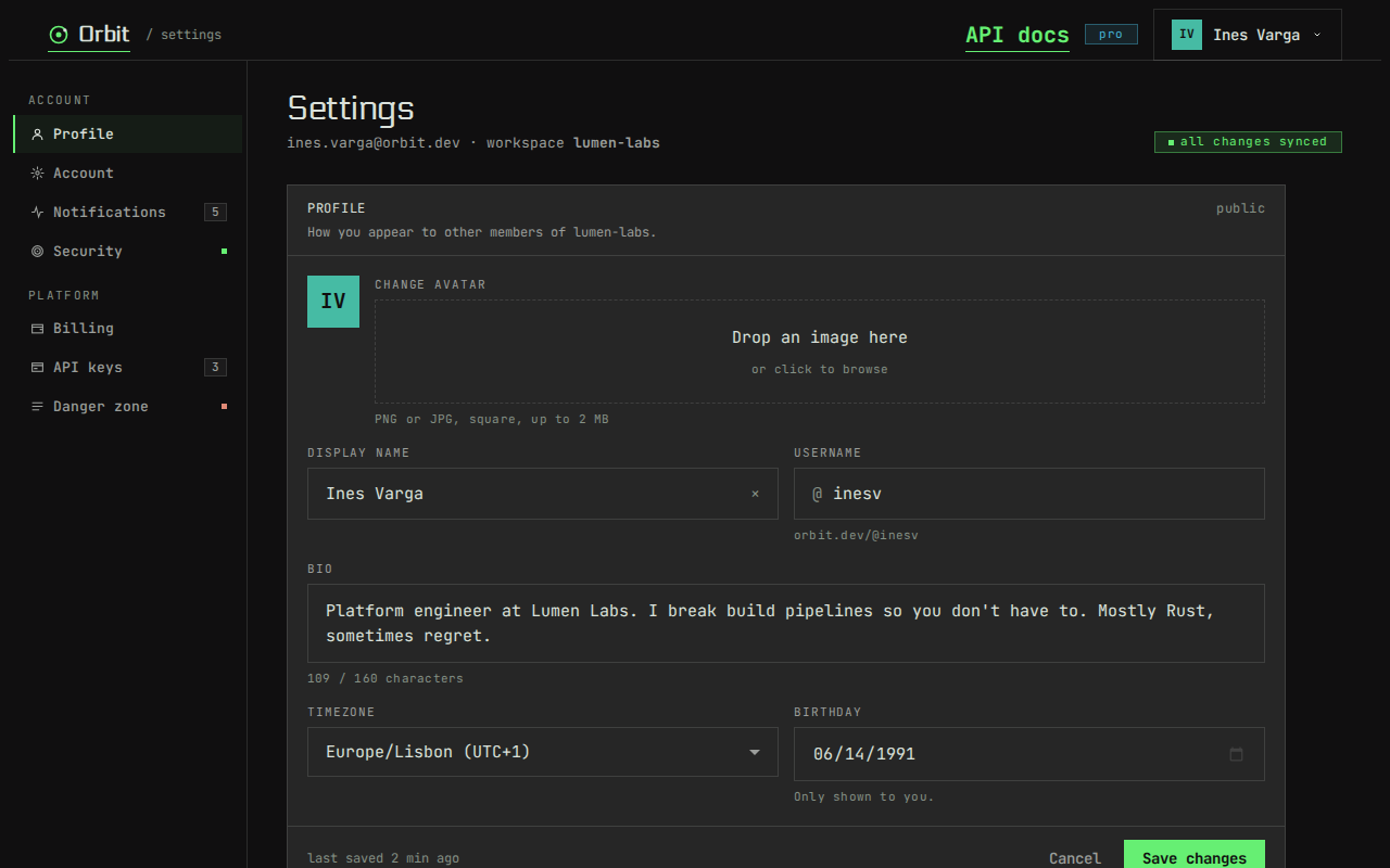 Screenshot of the account settings example